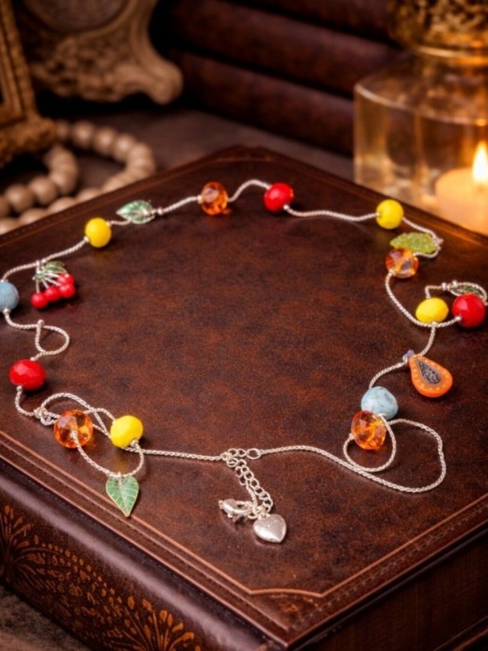 Betsey Johnson Charm Necklace Colorful Beaded Cherries Skull Y2K Statement